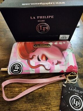 La Philipe Pink In Beauty Red Head Wallet Wristlet NWT